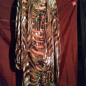 Olive green & orange long sleeve ladies blouse with neck tie